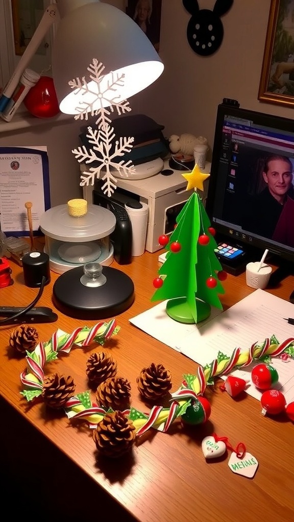 A decorated desk with DIY Christmas crafts including snowflakes, a mini tree, and colorful garlands.